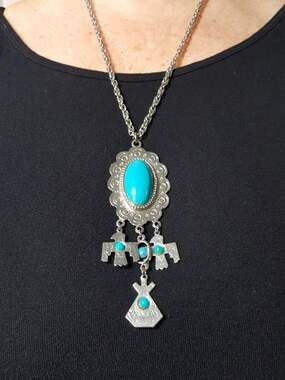 60's Faux Turquoise and Silver Eagle and Teepee Necklace